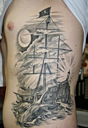 Black And Grey Ghost Pirate Ship With Octopus Ship Tattoo On Man Left Side Rib