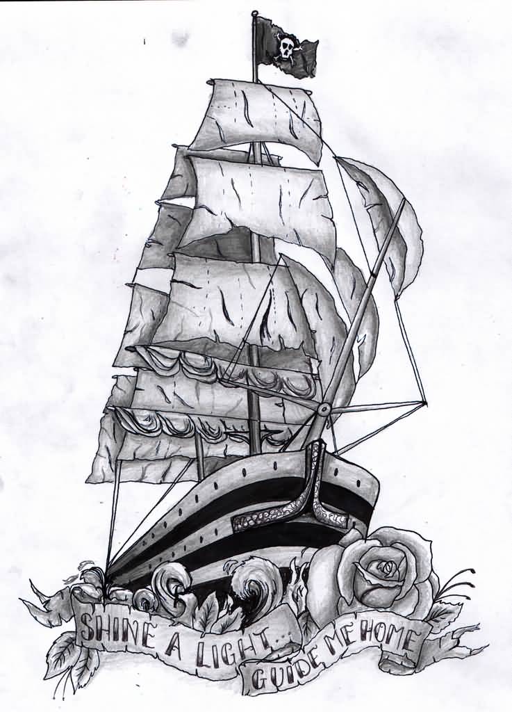 Black And Grey Ghost Pirate Ship With Rose And Banner Tattoo Design