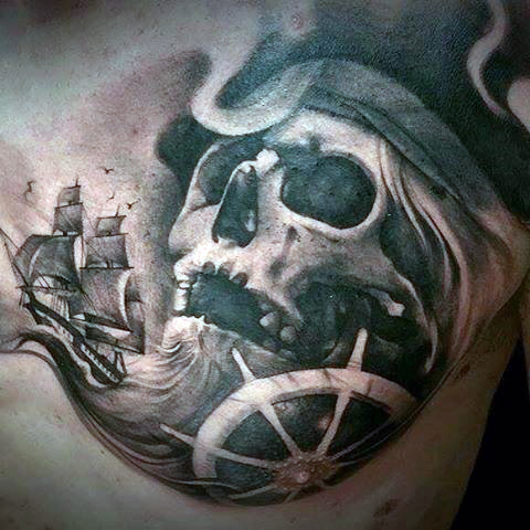 Black And Grey Ghost Pirate Ship With Skull Tattoo On Man Chest
