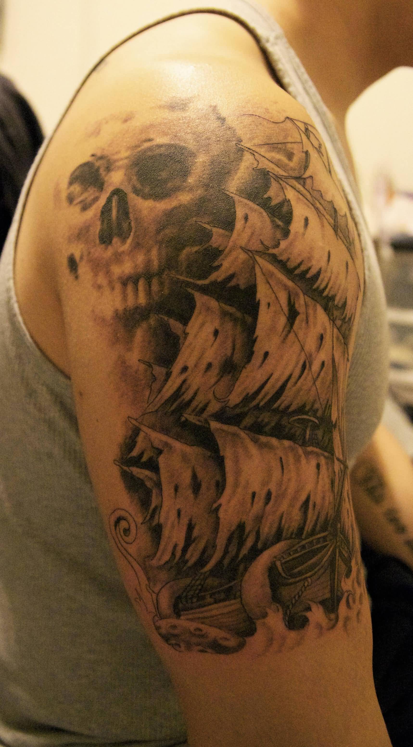 Black And Grey Ghost Pirate Ship With Skull Tattoo On Man Right Half Sleeve
