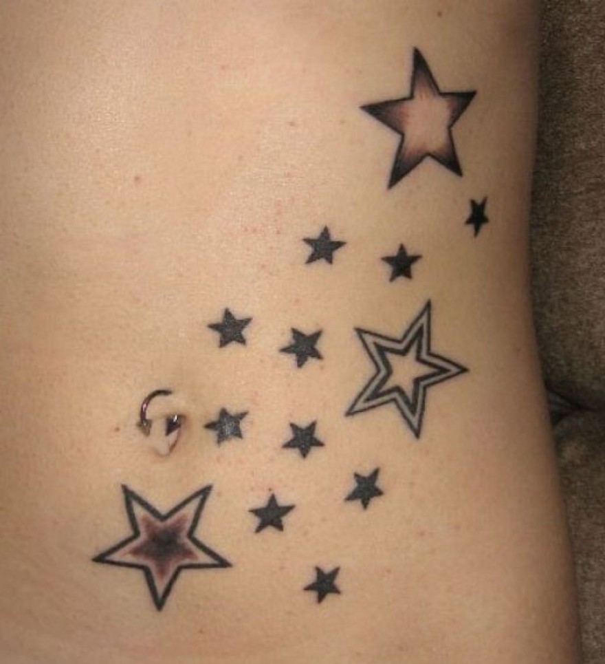 Black And Grey Ink Star Tattoos On Hip