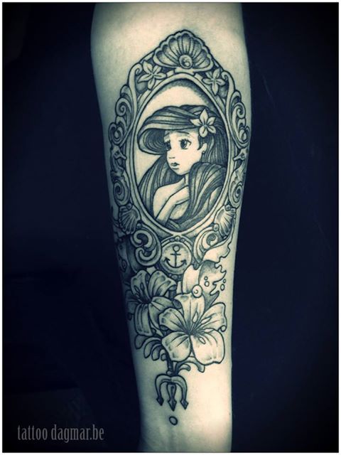 Black And Grey Mermaid In Frame With Flowers Tattoo Design For Sleeve