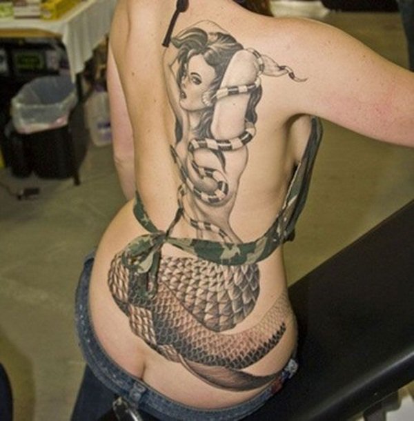 Black And Grey Mermaid Tattoo On Girl Full Back