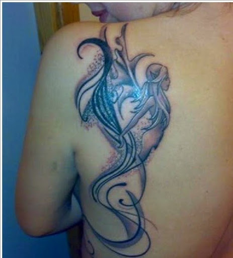 Black And Grey Mermaid Tattoo On Girl Left Back Shoulder