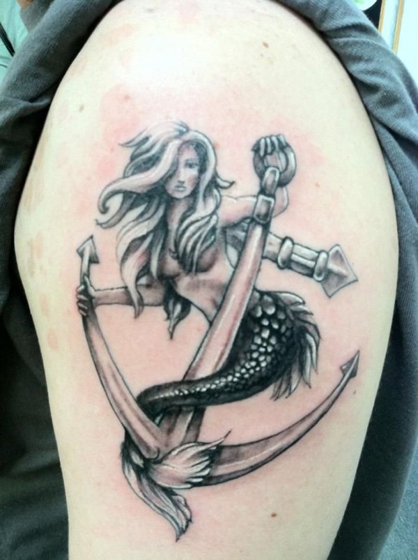 Black And Grey Mermaid Tattoo On Left Shoulder