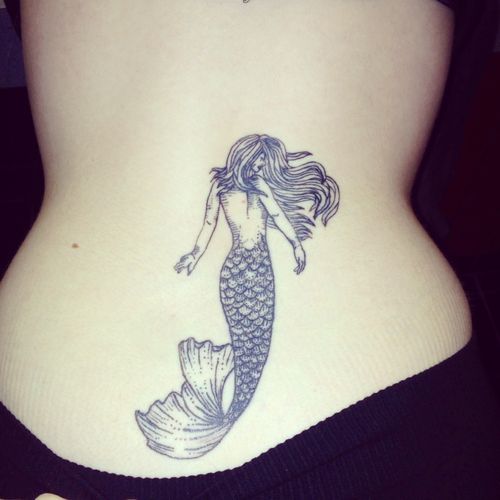 Black And Grey Mermaid Tattoo On Lower Back