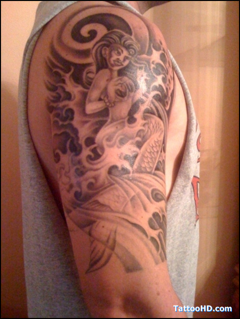 Black And Grey Mermaid Tattoo On Man Right Half Sleeve