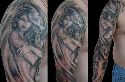 Black And Grey Mermaid Tattoo On Right Half Sleeve