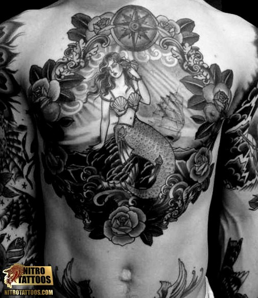 Black And Grey Mermaid Tattoo On Man Chest