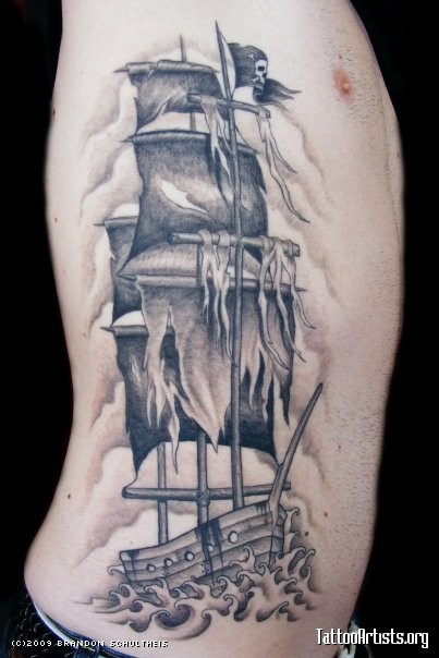 Black And Grey Neo Pirate Ship Tattoo On Man Right Side Rib