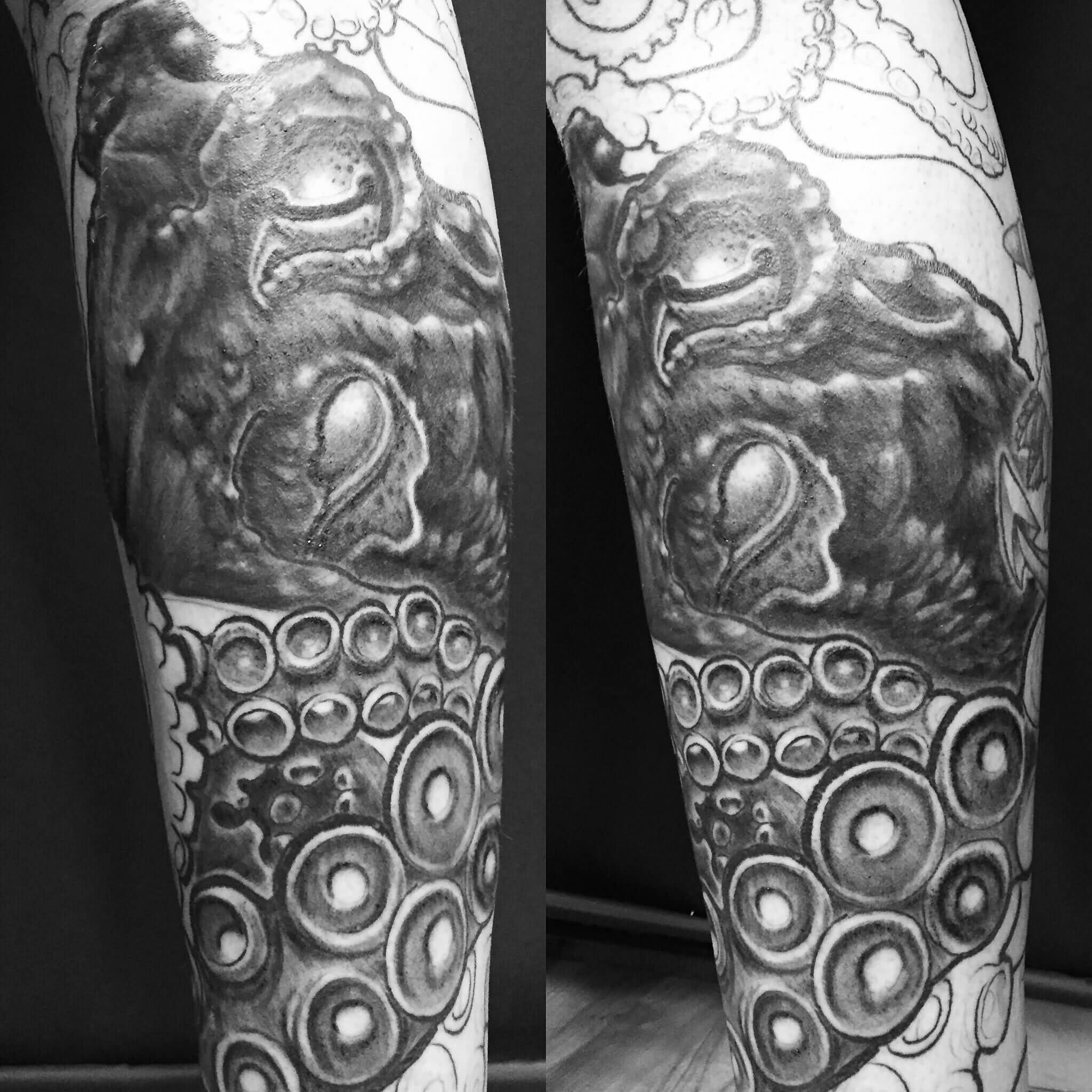 Black And Grey Octopus Tattoo Design For Leg Calf