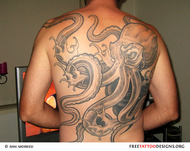 Black And Grey Octopus Tattoo On Full Back