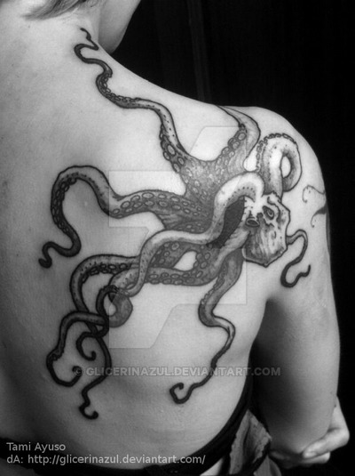 Black And Grey Octopus Tattoo On Girl Left Back Shoulder