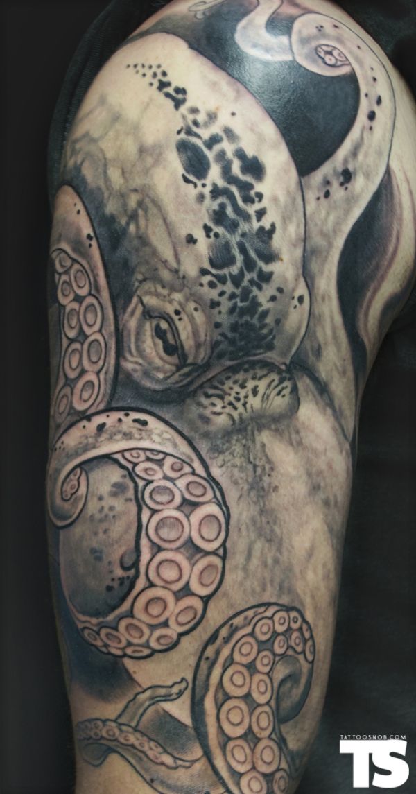 Black And Grey Octopus Tattoo On Half Sleeve By Kurt Fagerland