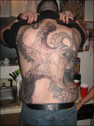 Black And Grey Octopus Tattoo On Man Full Back