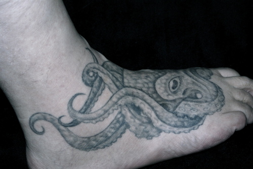 Black And Grey Octopus Tattoo On Right Foot