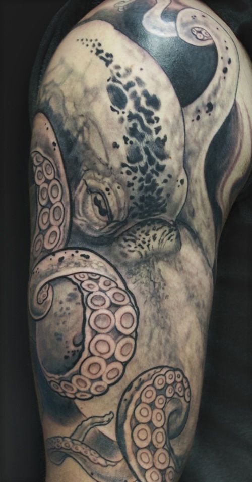 Black And Grey Octopus Tattoo On Right Half Sleeve