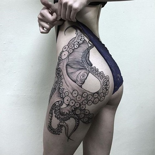 Black And Grey Octopus Tattoo On Women Left Hip