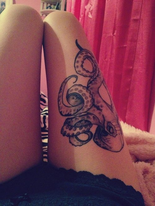 Black And Grey Octopus Tattoo On Women Right Thigh