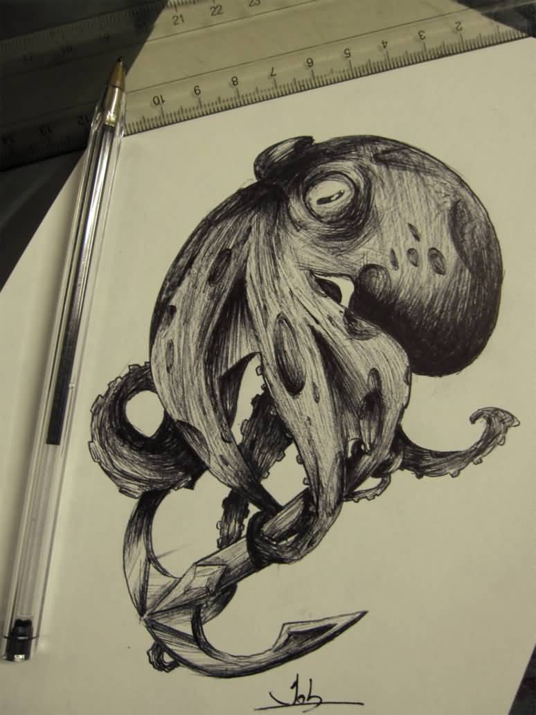 Black And Grey Octopus With Anchor Tattoo Design By Igor J. Kobayashi