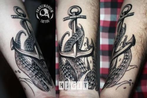 Black And Grey Octopus With Anchor Tattoo Design For Forearm By John Kirkland