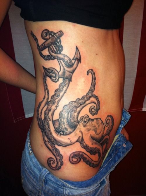 Black And Grey Octopus With Anchor Tattoo On Girl Right Side Rib