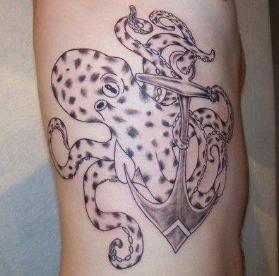 Black And Grey Octopus With Anchor Tattoo On Man Right Side Rib