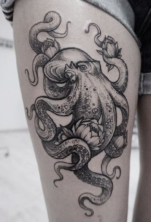 Black And Grey Octopus With Flowers Tattoo On Right Thigh