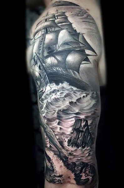 Black And Grey Octopus With Ship Tattoo On Left Half Sleeve