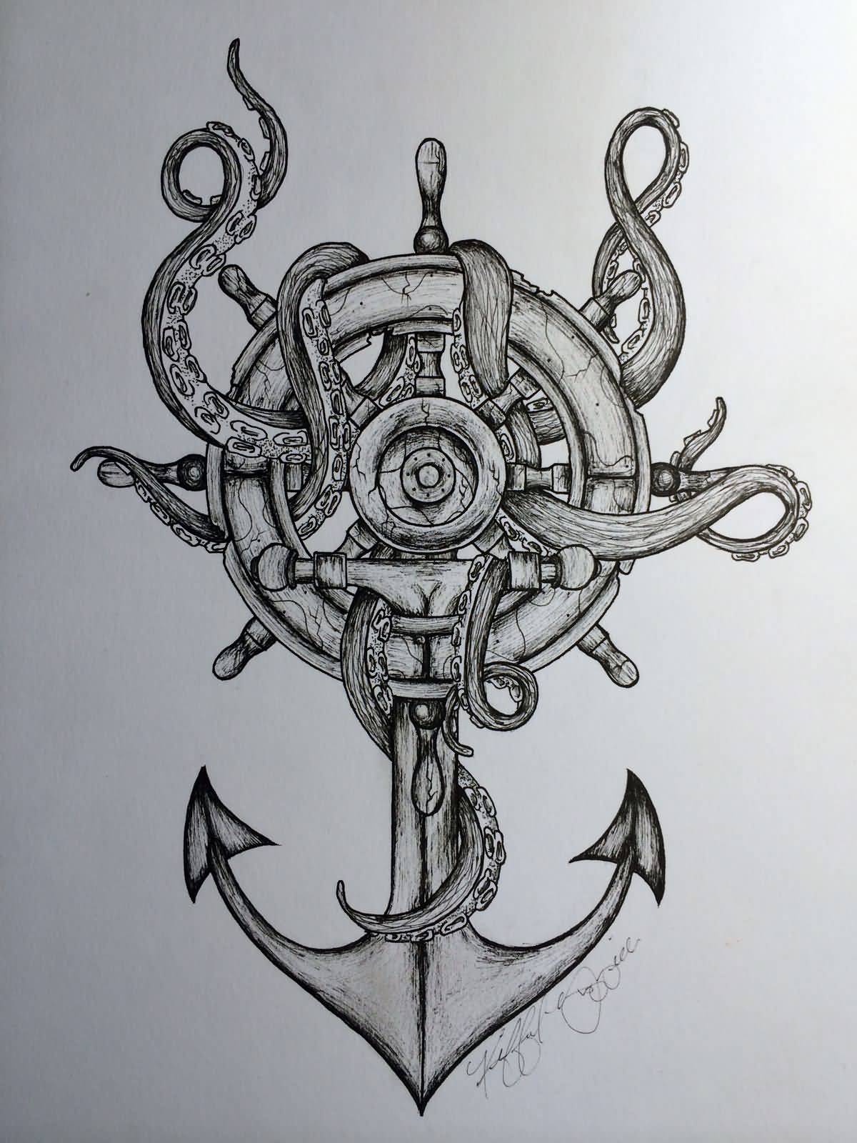 Black And Grey Octopus With Ship Wheel And Anchor Tattoo Design