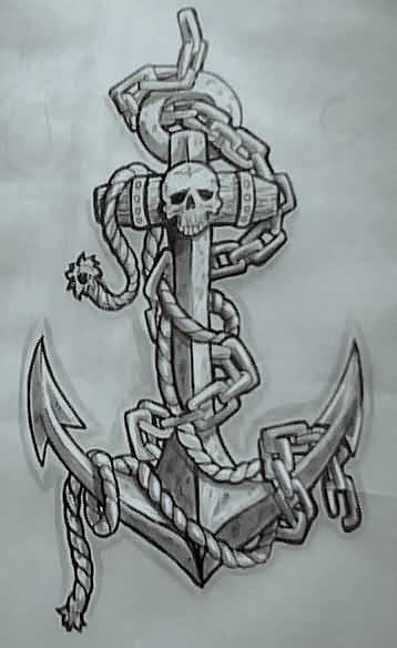 Black And Grey Pirate Anchor Tattoo Design