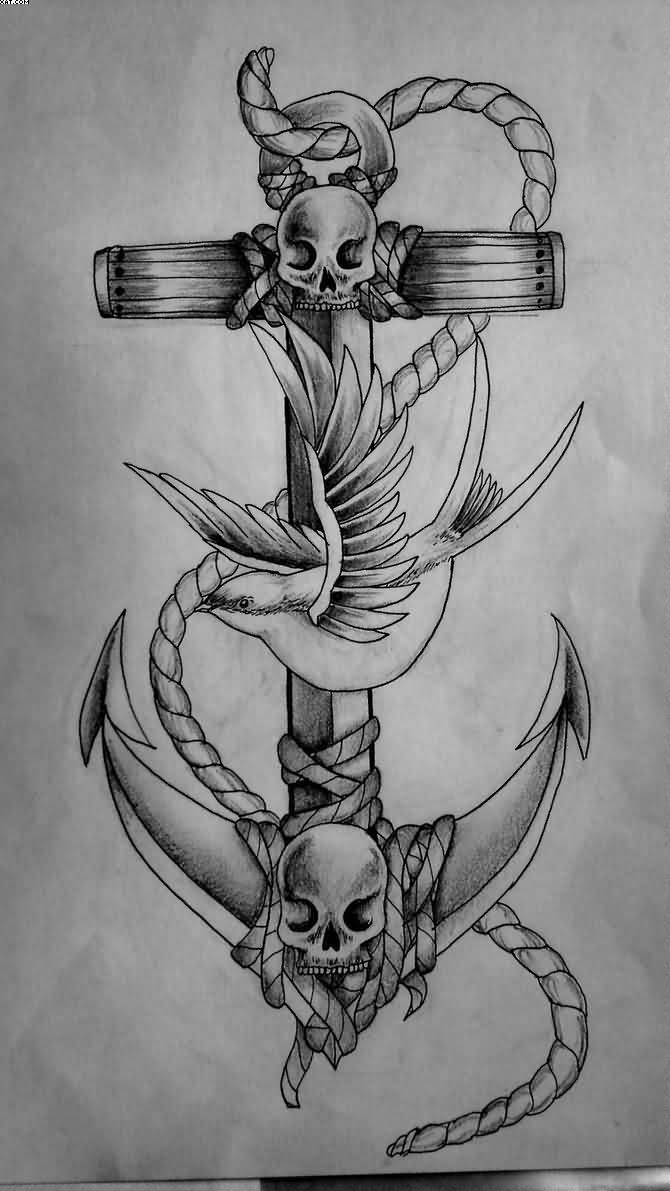 Black And Grey Pirate Anchor With Flying Birds Tattoo Design