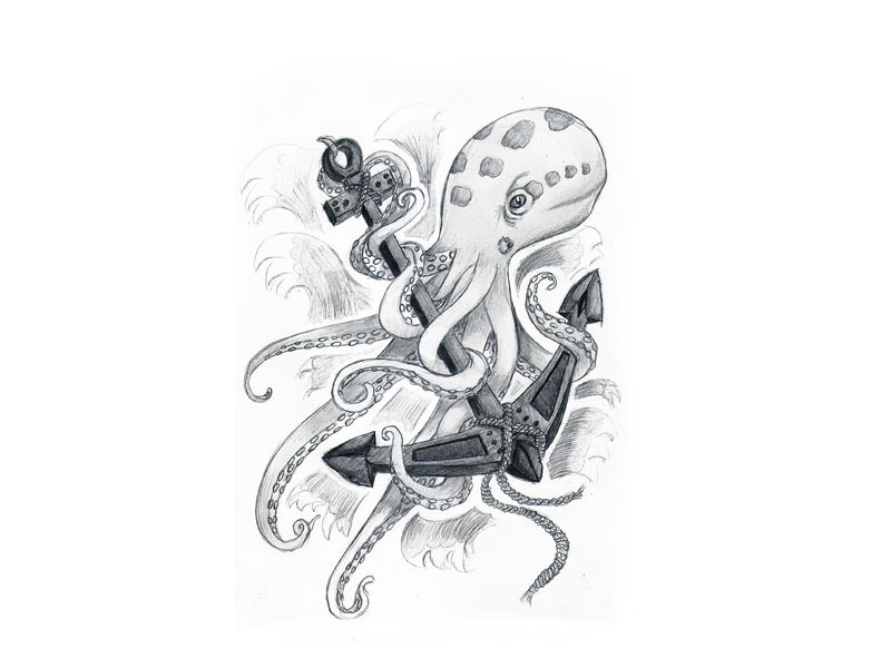 Black And Grey Pirate Anchor With Octopus Tattoo Design