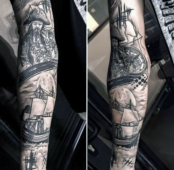 Black And Grey Pirate And Ship Tattoo On Right Full Sleeve
