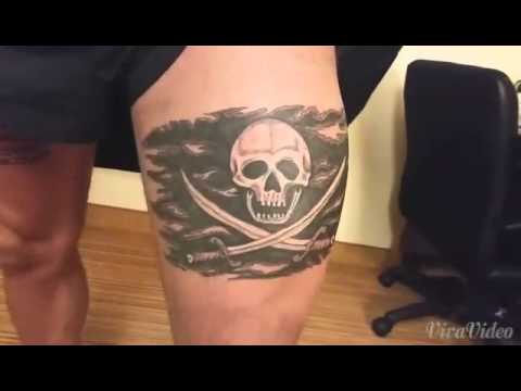 Black And Grey Pirate Flag Tattoo Design For Thigh