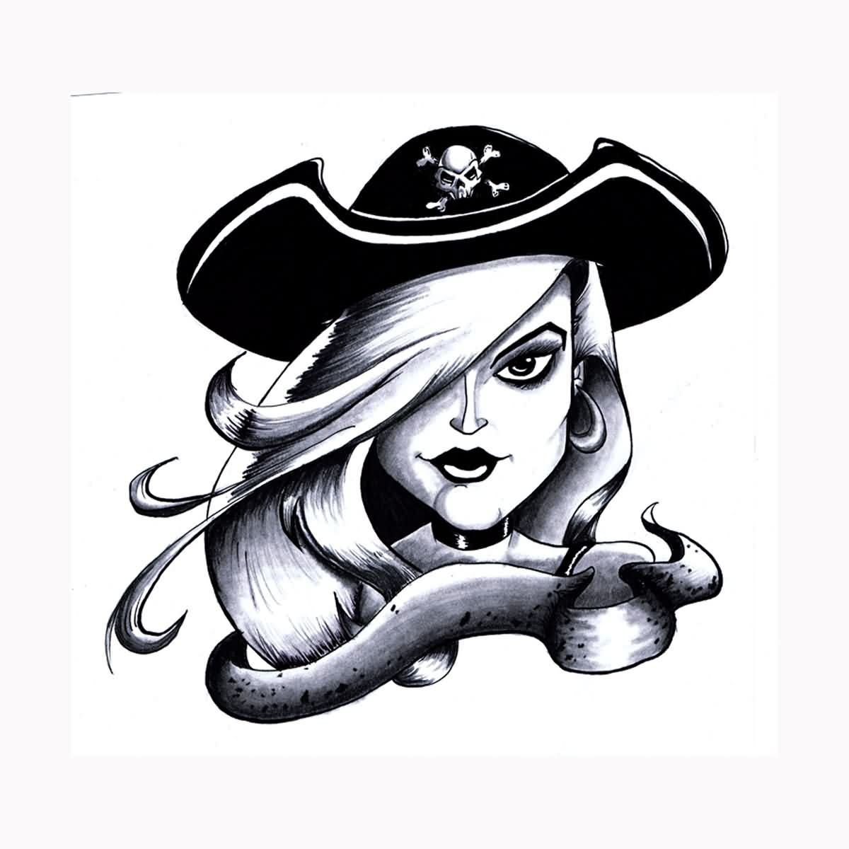 Black And Grey Pirate Girl Head Tattoo Design