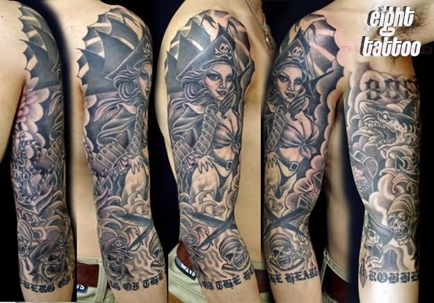 Black And Grey Pirate Girl Tattoo On Right Full Sleeve