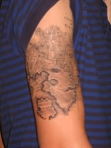 Black And Grey Pirate Map Tattoo On Right Half Sleeve