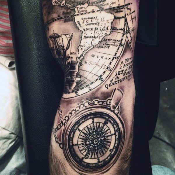 Black And Grey Pirate Map With Compass Tattoo On Left Full Sleeve