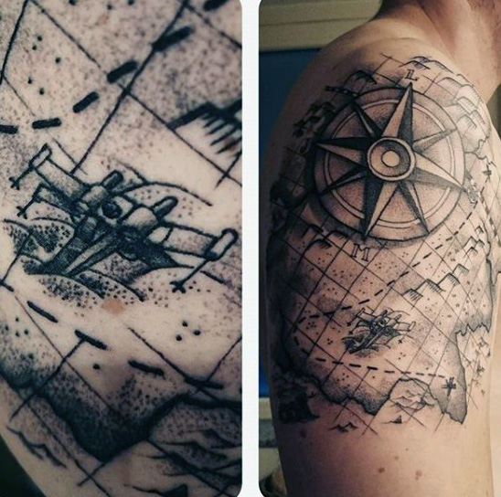 Black And Grey Pirate Map With Compass Tattoo On Man Right Shoulder