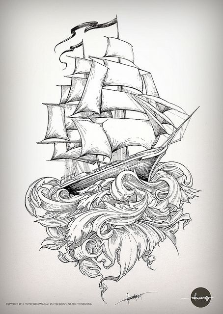 Black And Grey Pirate Ship Tattoo Design