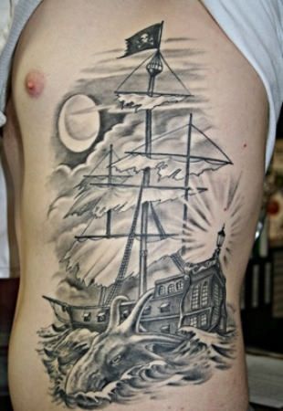 Black And Grey Pirate Ship Tattoo On Man Left Side Rib