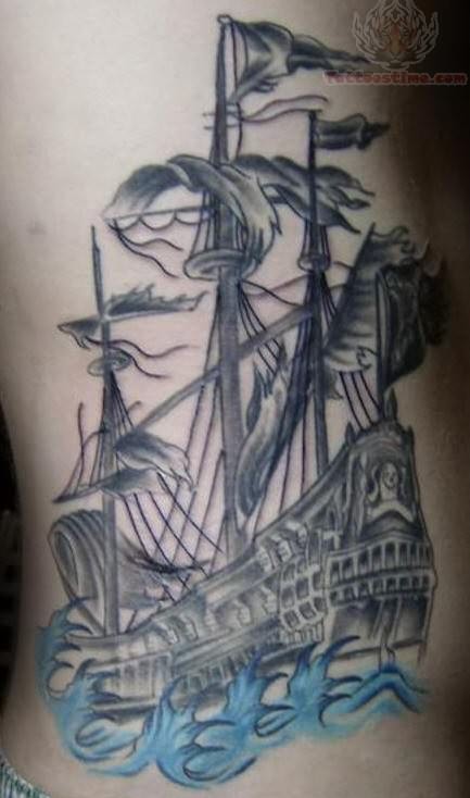 Black And Grey Pirate Ship Tattoo On Right Side Rib