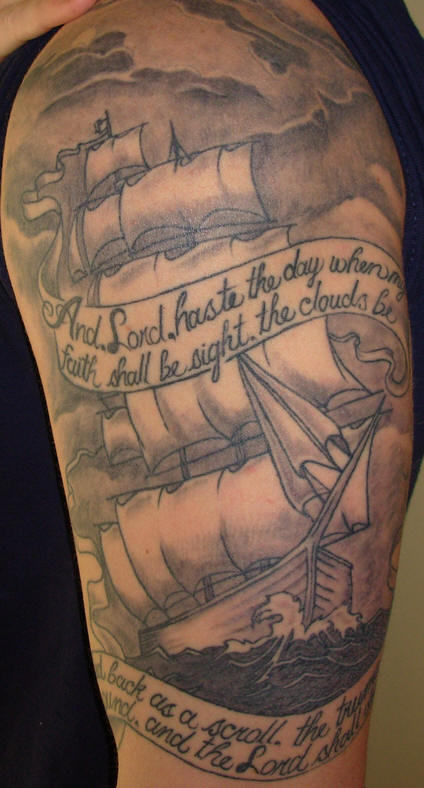 Black And Grey Pirate Ship With Banner Tattoo Design For Half Sleeve