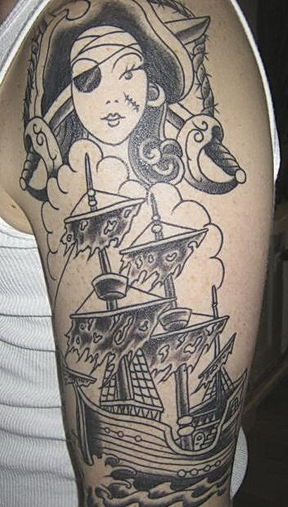 Black And Grey Pirate Ship With Girl Tattoo On Left Half Sleeve
