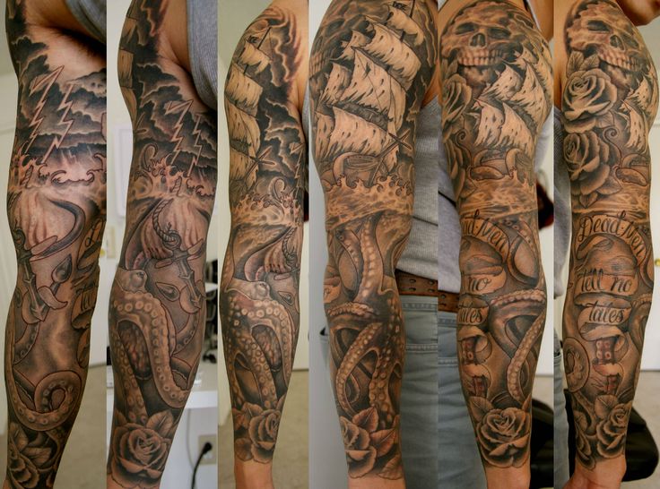 Black And Grey Pirate Ship With Octopus And Banner Tattoo On Man Right Full Sleeve