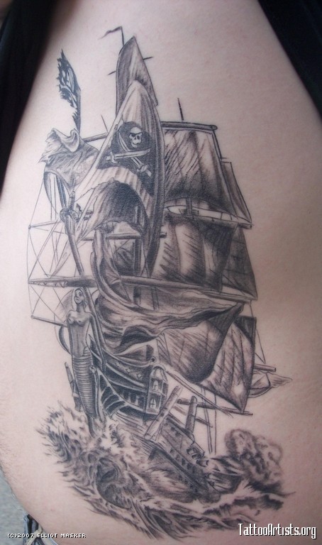Black And Grey Pirate Ship With Octopus Tattoo Design