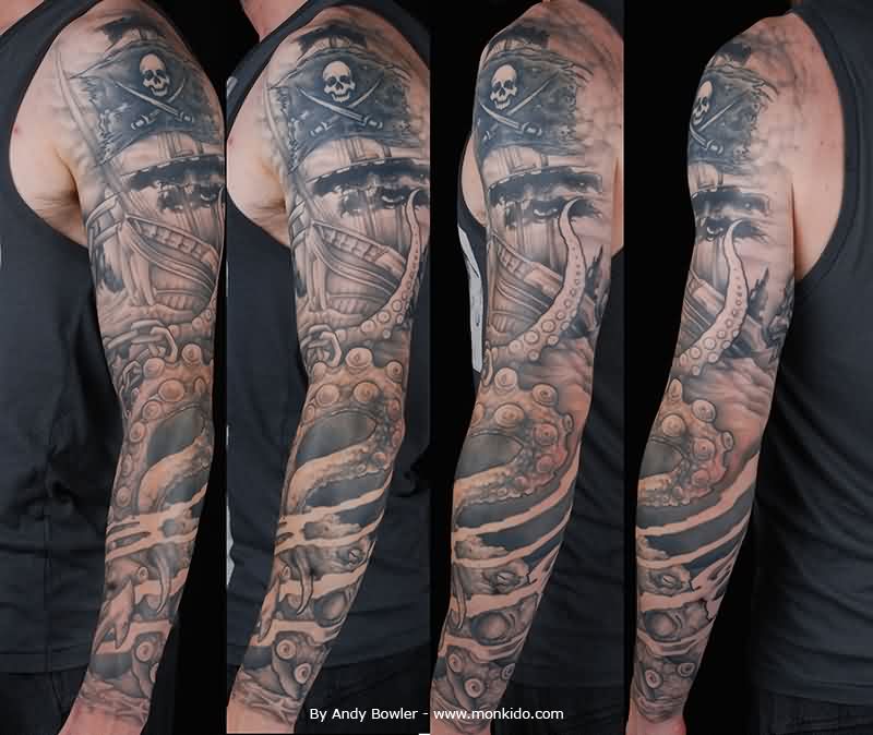Black And Grey Pirate Ship With Octopus Tattoo On Man Left Full Sleeve By Andy Bowler
