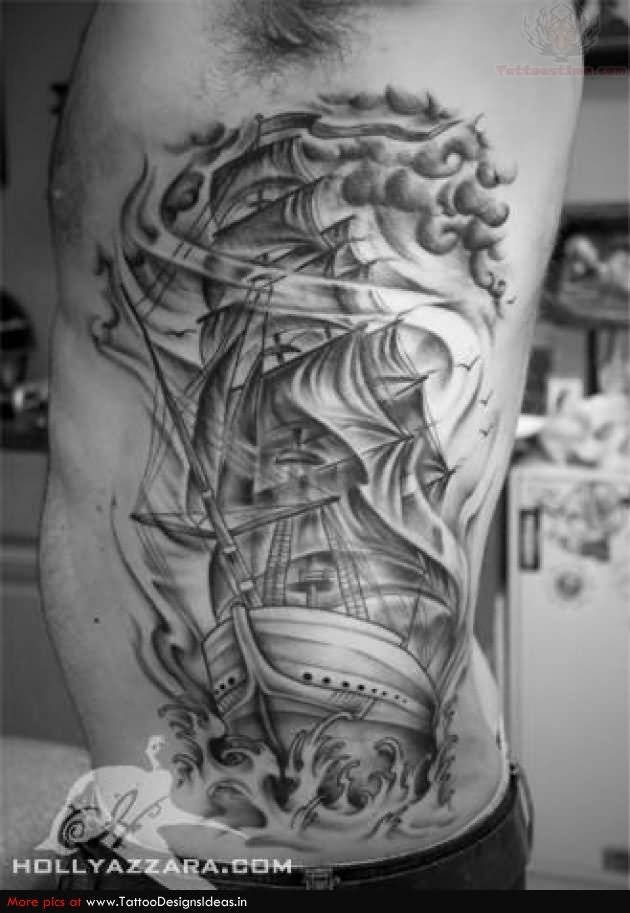 Black And Grey Pirate Ship With Octopus Tattoo On Man Left Side Rib