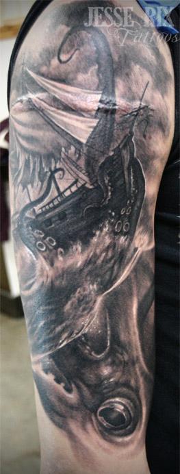 Black And Grey Pirate Ship With Octopus Tattoo On Right Half Sleeve By Jesse Rix